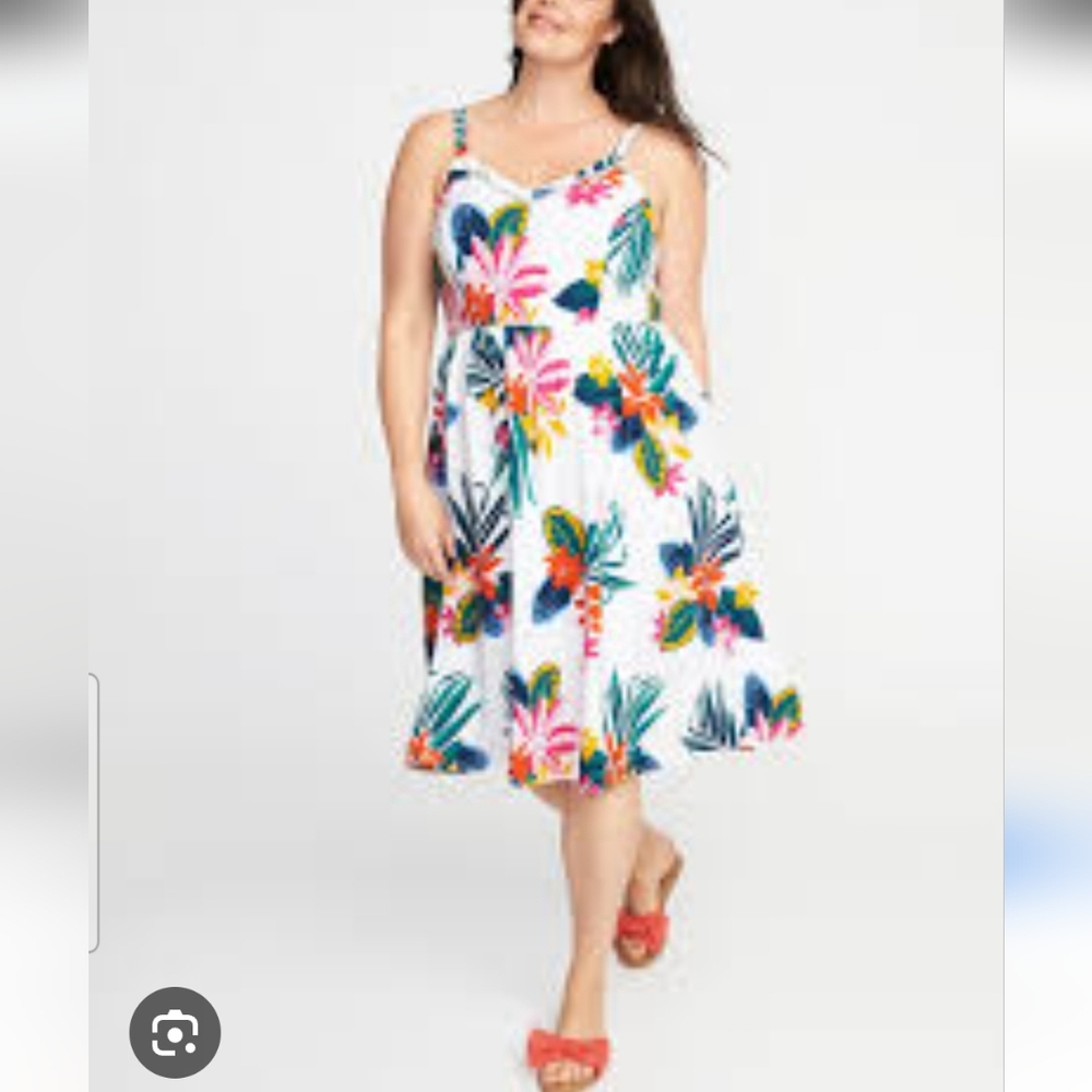 Old Navy White Floral Midi Dress with Multicolor Tropical Print